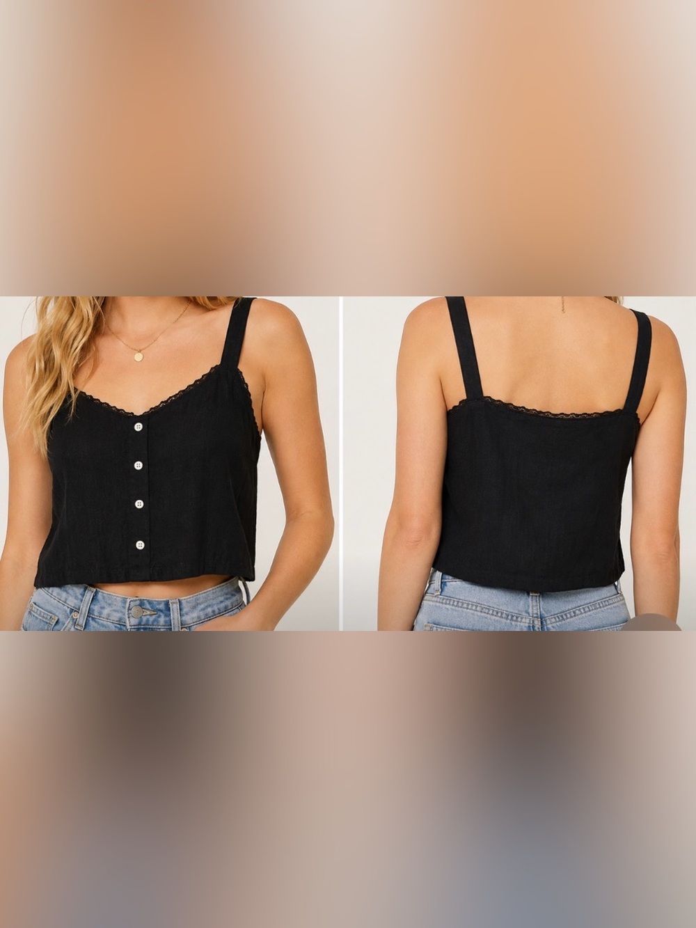 Abercrombie Linen Blend Crop Tank XS Black Lace Trim Button Front Cami